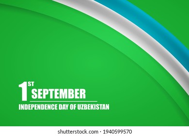 Happy independence day of Uzbekistan country with tricolor curve flag and typography background