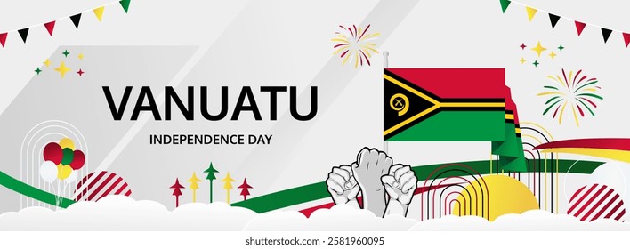 Happy independence day Vanuatu. Long poster national day Vanuatu in flag colors. Holiday banner illustration for July 30 celebration invitation party, greeting card and sale