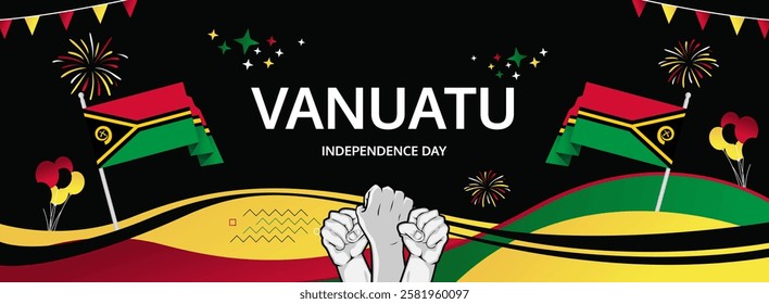 Happy independence day Vanuatu. Long poster national day Vanuatu in flag colors. Holiday banner illustration for July 30 celebration invitation party, greeting card and sale