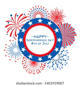 Happy Independence Day vector card with fireworks. 4th July banner template