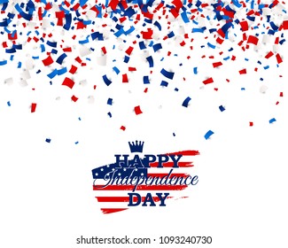 Happy Independence Day vector poster with USA flag, crown on brush stroke and scatter papers in national American colors - red, white, blue. All isolated and layered
