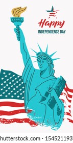 Happy independence day. Vector poster, greeting card. Statue of liberty with a torch in his hand on the background of the American flag.