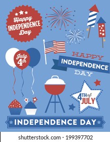 Happy Independence Day Vector Set - Balloons - BBQ Grill - Banner - American Flag - Fireworks - Cupcakes - Bottle Rockets - Fourth Of July - July 4th Elements