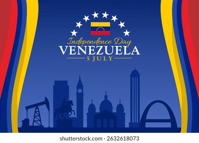 Happy Independence Day Venezuela July 5 with flag ribbon and cityscape silhouette. Flat design for celebration banner, greeting card, or national holiday illustration.