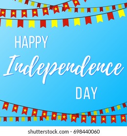 Happy Independence Day in Vietnam. Vector illustration with inscription and garlands with flags on a blue background