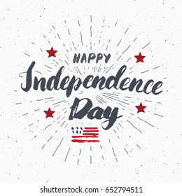 Happy Independence Day Vintage USA greeting card, United States of America celebration. Hand lettering, american holiday grunge textured retro design vector illustration