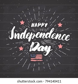 Happy Independence Day Vintage USA greeting card, United States of America celebration. Hand lettering, american holiday grunge textured retro design vector illustration on chalkboard