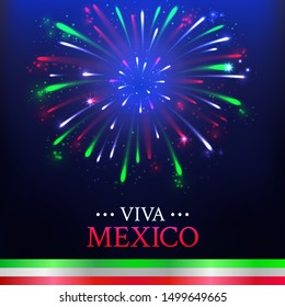 Happy Independence day, Viva Mexico. Mexican banner, card for national holiday with colorful firework on dark background. 