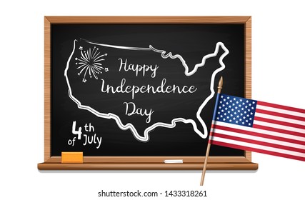 Happy Independence Day. Words US oath of allegiance, USA map and flag. Chalk inscription on blackboard. 4th of July. Fourth of July. Vector illustration