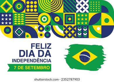 Happy Independence Day written in Portuguese (Feliz Dia da Independencia  ) Brazilian Independence Day : on September 7th, Brazil independence Day with flag and abstract geometric shape