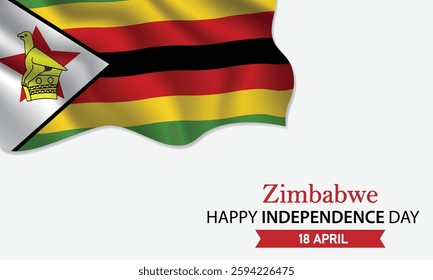 Happy Independence Day Zimbabwe. April 18th. Celebrating Zimbabwe's Freedom, National Pride, and Heritage. Waving Zimbabwean flag and lettering text design. Vector illustration.