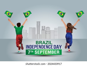 happy independence day7th September. a boy and girl running with Brazilian flag. vector illustration design.
