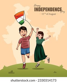 happy independence India. Indian flag. Boy and girl with a kite Vector illustration design.