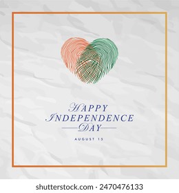 Happy Independence with love shaped fingerprint in National colours of India. Vector illustration template.