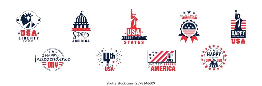 Happy Independence Memorial Day Logo and Label Design Vector Set