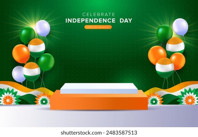 Feliz Día de la Independencia de la India 15 de agosto diseño de podio rectangular con banderas onduladas, globos y flores sobre fondo verde. Plantilla de Ilustración vectorial del Día Nacional de la India para Web, Anuncio, volante, afiche.