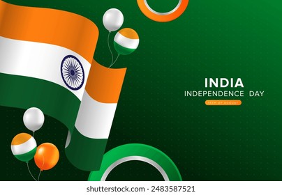 Feliz Día de la Independencia de la India 15 de agosto fondo verde con ondulada bandera de la India y globos. Plantilla de Ilustración vectorial del Día Nacional de la India para Web, Anuncio, volante, afiche.