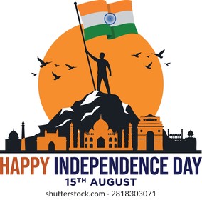 Happy India Independence Day 15 August Monument Silhouette Sunset Vector Illustration Banner Poster Background Concept National Holiday Icon