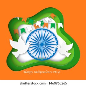 Happy India Independence Day card or banner. Paper cut background  with flying doves, wheel, hanging flag garlands in Indian flag colors. 