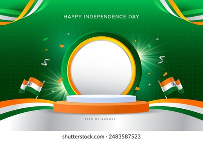 Feliz Día de la Independencia de la India diseño de podio en círculo con banderas onduladas y globos sobre fondo verde. Plantilla de Ilustración vectorial del Día Nacional de la India para Web, Anuncio, volante, afiche.