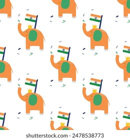 Happy India independence day. Elephants and flags seamless pattern for your design. Wrapping paper or banner. hand drawn vector illustration, flat style