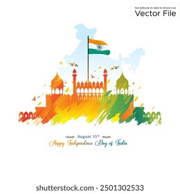 Happy India independence day. Red fort India map and tricolour freedom background.