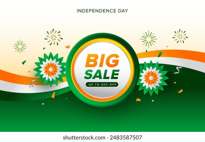 Happy India Independence Day sale background with wavy stripe, floral and fireworks. India National day vector illustration template for web, banner, flyer, poster.