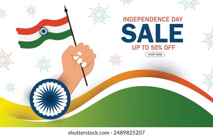 Happy India Independence Day sale background with hand holding flag