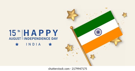 Feliz Día de la Independencia de India Ilustración vectorial con bandera y rueda Ashoka. Celebración del 15 de Agosto. 