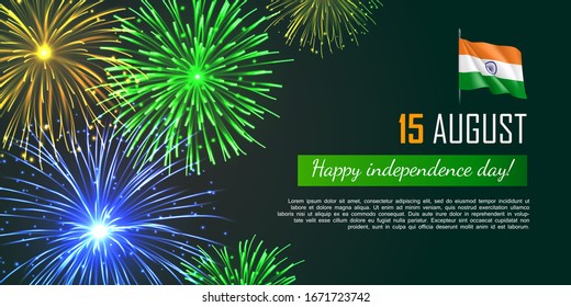Happy India independence day web banner. Realistic fireworks and fluttering flag. Patriotic holiday celebrated 15th of August. National identity design in indian colors vector illustration.