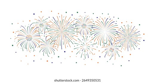 Happy India Independence Republic day Fireworks. Festival holiday green blue orange firecracker for banner poster flyer. Tricolor confetti, explosion, sparkle decorative elements. Vector design