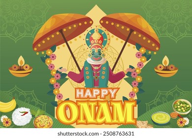 Happy India Kerala Onam festival 2024 and Kathakali vector illustration, banner, background, greeting, poster, template. Happy onam festival 2024 design.