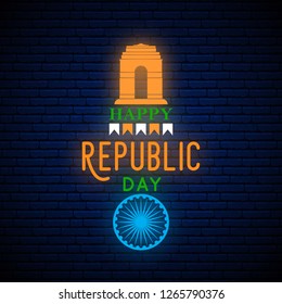 Happy India Republic Day neon vertical greeting banner. Vector light signboard.