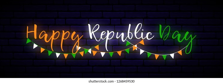 Happy India Republic Day neon horizontal banner. Festive design with bright garland.
