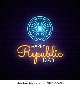 Happy India Republic Day neon design. Vector light signboard.