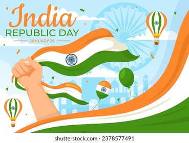 Happy India Republic Day Vector Illustration on 26 January with Indian Flag and Gate in Holiday National Celebration Flat Cartoon Background Design