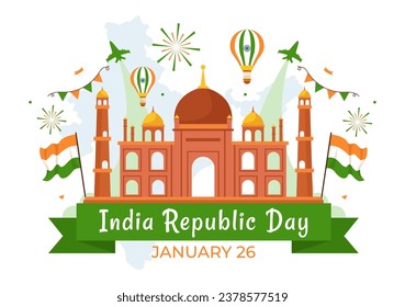 Feliz 26 de enero con bandera y puerta indias en festividad diseño de fondo de caricatura plano para celebración nacional