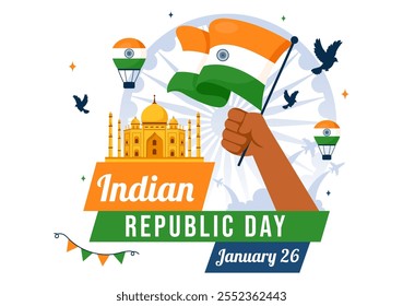 Happy India Republic Day Vector Illustration on 26 January Featuring the Indian Flag and India Gate in a National Holiday Celebration Flat Background