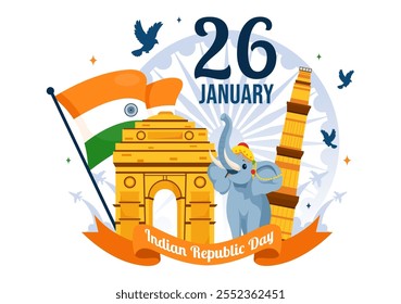 Happy India Republic Day Vector Illustration on 26 January Featuring the Indian Flag and India Gate in a National Holiday Celebration Flat Background