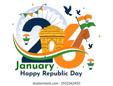 Happy India Republic Day Vector Illustration on 26 January Featuring the Indian Flag and India Gate in a National Holiday Celebration Flat Background