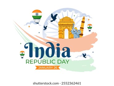 Happy India Republic Day Vector Illustration on 26 January Featuring the Indian Flag and India Gate in a National Holiday Celebration Flat Background