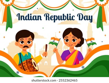 Feliz Ilustración vectorial del Día de la República de la India el 26 de enero con la bandera india y la puerta de la India en un fondo plano de celebración nacional de Festiva
