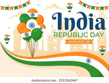 Happy India Republic Day Vector Illustration on 26 January Featuring the Indian Flag and India Gate in a National Holiday Celebration Flat Background