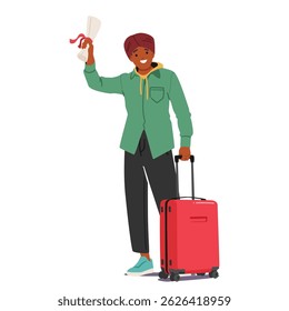 Happy Indian boy student cartoon character holding diploma scroll standing with luggage bag ready for travel abroad enjoying great opportunity to participate in exchange program vector illustration