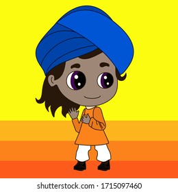 Happy Indian Boy That Is Wearing An Ethnic Dastar Or Turban Hat, Simple Colored Emoticon, Vector Emoji In Color