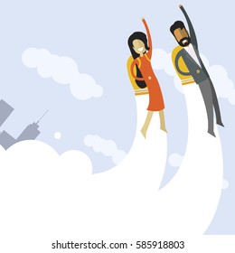 Happy indian businessman and white businesswoman flying on jetpacks to their goals. Flying above the city. Successful people in business suit. 