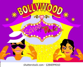 Happy Indian Children.Bollywood Dance And Indian Folk Dance Class.Banner Or Poster In Retro Style.Vector Illustration. Clipart.