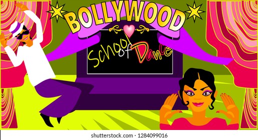 Happy Indian Children.Bollywood Dance And Indian Folk Dance Class.Banner Or Poster In Retro Style.Vector Illustration. Clipart.