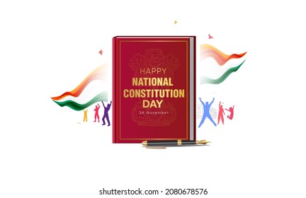 Happy Indian constitution day samvidhan divas. People celebrating with tricolor flag and democracy Law book of Ambedkar bhim rao poster design