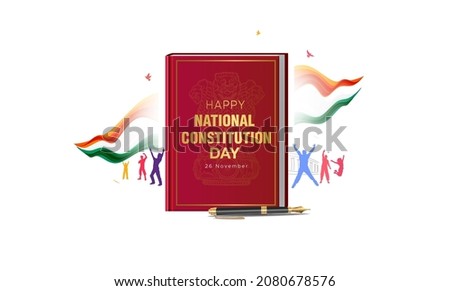 Happy Indian constitution day samvidhan divas. People celebrating with tricolor flag and democracy Law book of Ambedkar bhim rao poster design